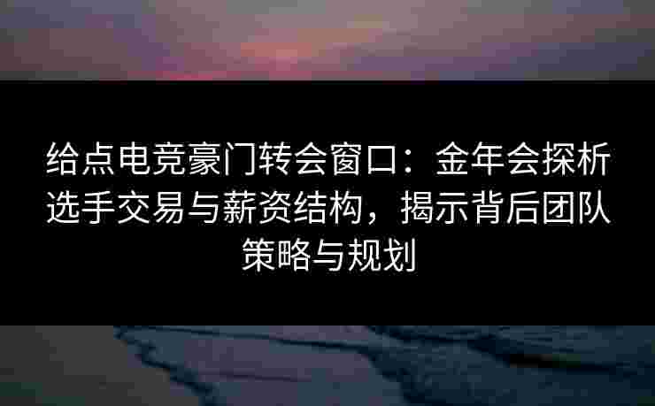 给点电竞豪门转会窗口：金年会探析选手交易与薪资结构，揭示背后团队策略与规划